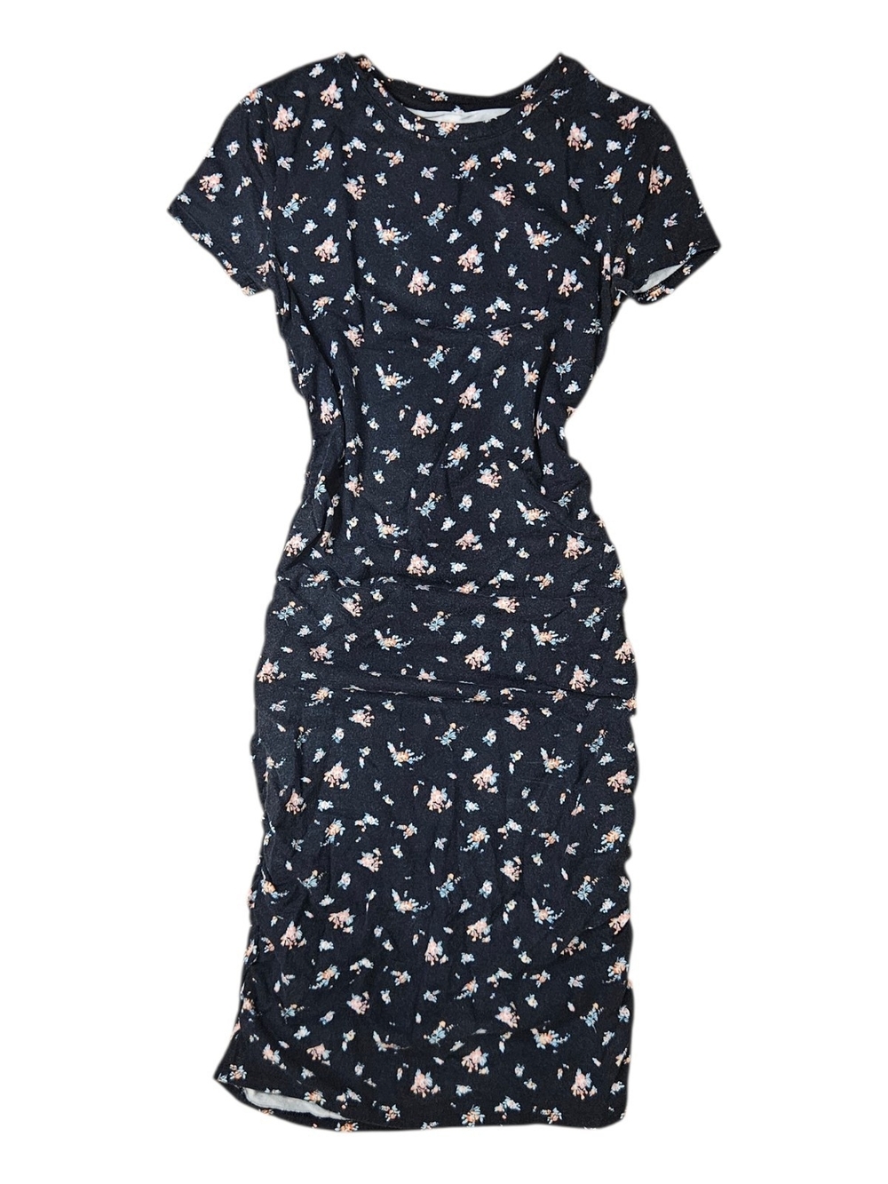 Navy Floral Short-Sleeve Bodycon Dress With Runched Sides